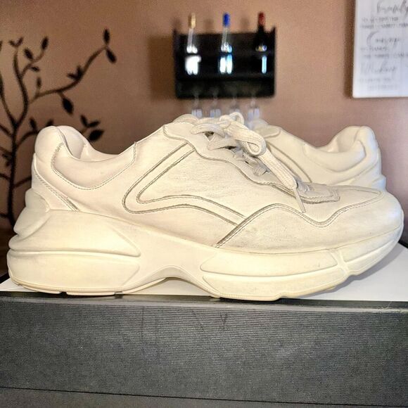 Gucci Rython Men's Distressed Logo Leather Sneakers in Cream - Picture 4 of 14